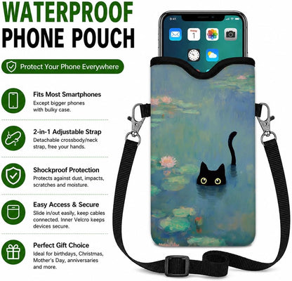 Neoprene Phone Sleeve Pouch Case Bag for Women Men with Crossbody Strap, 7.1x3.9 in, Shockproof Black Cat Mobile Protection Case Bag with Neck Lanyard, Black Cat Garden, Gift for Cats Lovers - Colors A