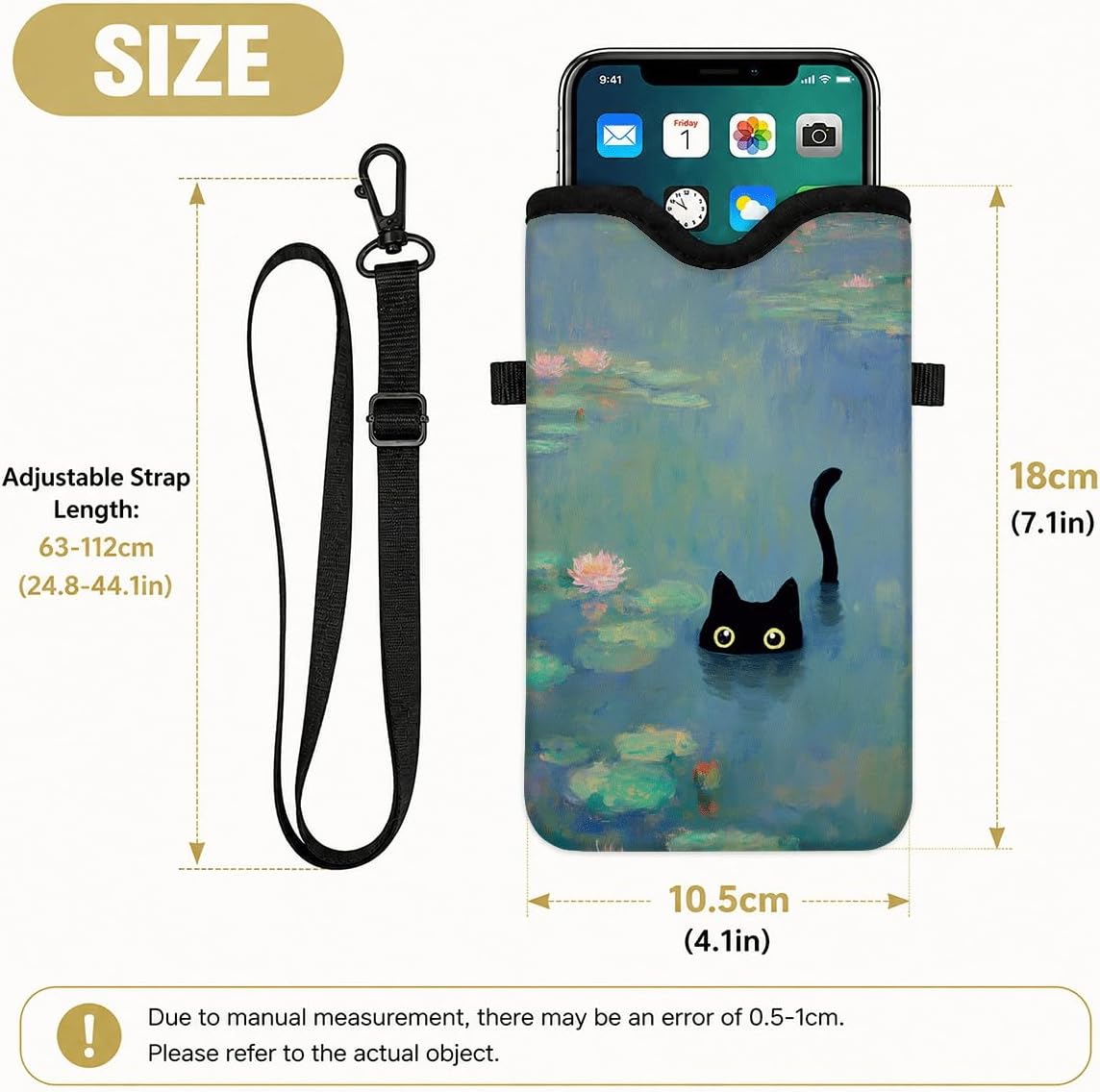 Neoprene Phone Sleeve Pouch Case Bag for Women Men with Crossbody Strap, 7.1x3.9 in, Shockproof Black Cat Mobile Protection Case Bag with Neck Lanyard, Black Cat Garden, Gift for Cats Lovers - Colors A