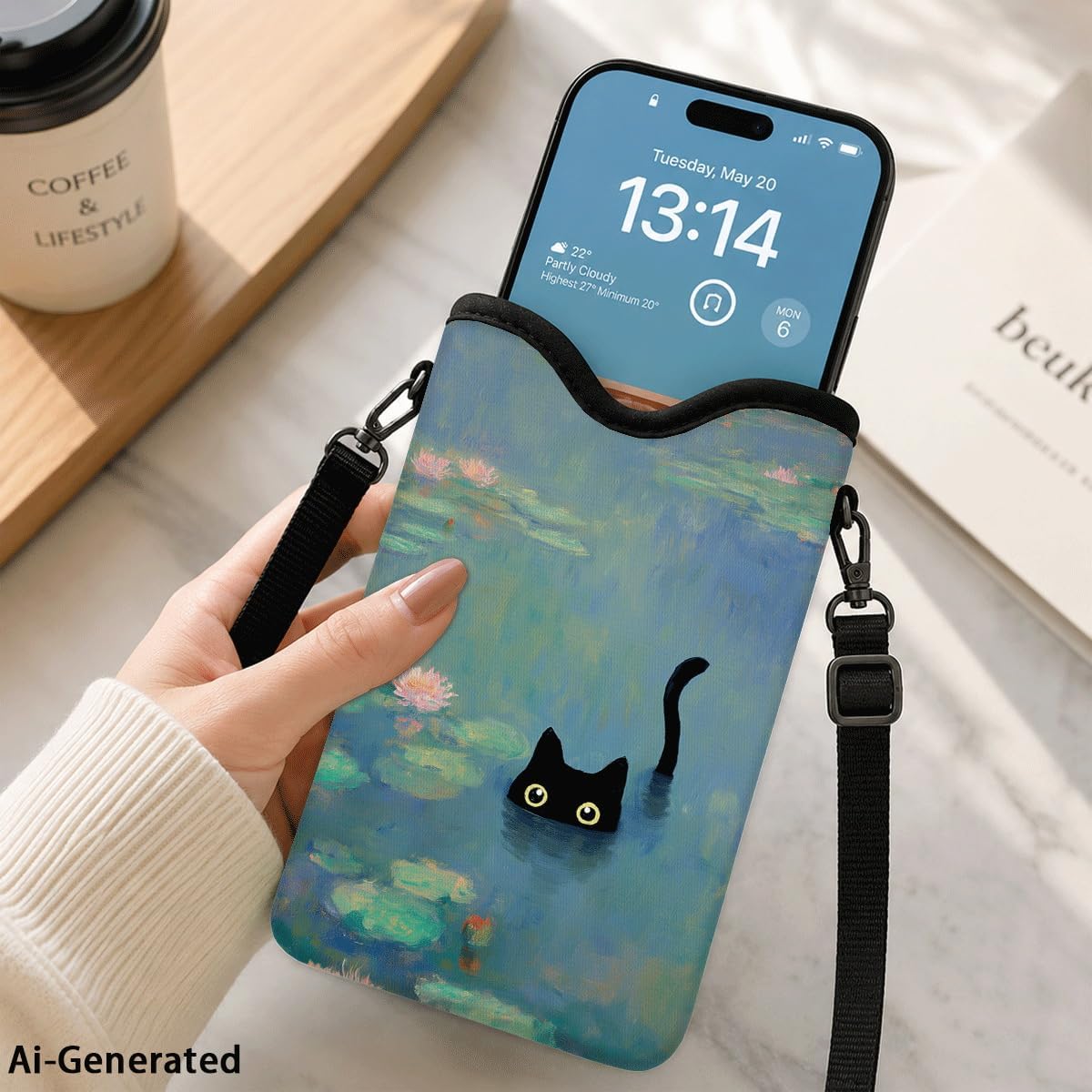 Neoprene Phone Sleeve Pouch Case Bag for Women Men with Crossbody Strap, 7.1x3.9 in, Shockproof Black Cat Mobile Protection Case Bag with Neck Lanyard, Black Cat Garden, Gift for Cats Lovers - Colors A
