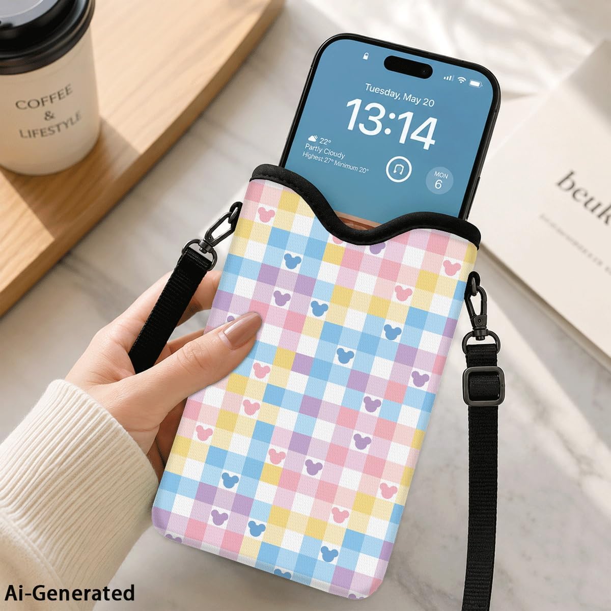 Neoprene Phone Sleeve Pouch Case Bag for Women Men with Crossbody Strap, 7.1x3.9 in, Shockproof Black Cat Mobile Protection Case Bag with Neck Lanyard, Black Cat Garden, Gift for Cats Lovers - Colors A