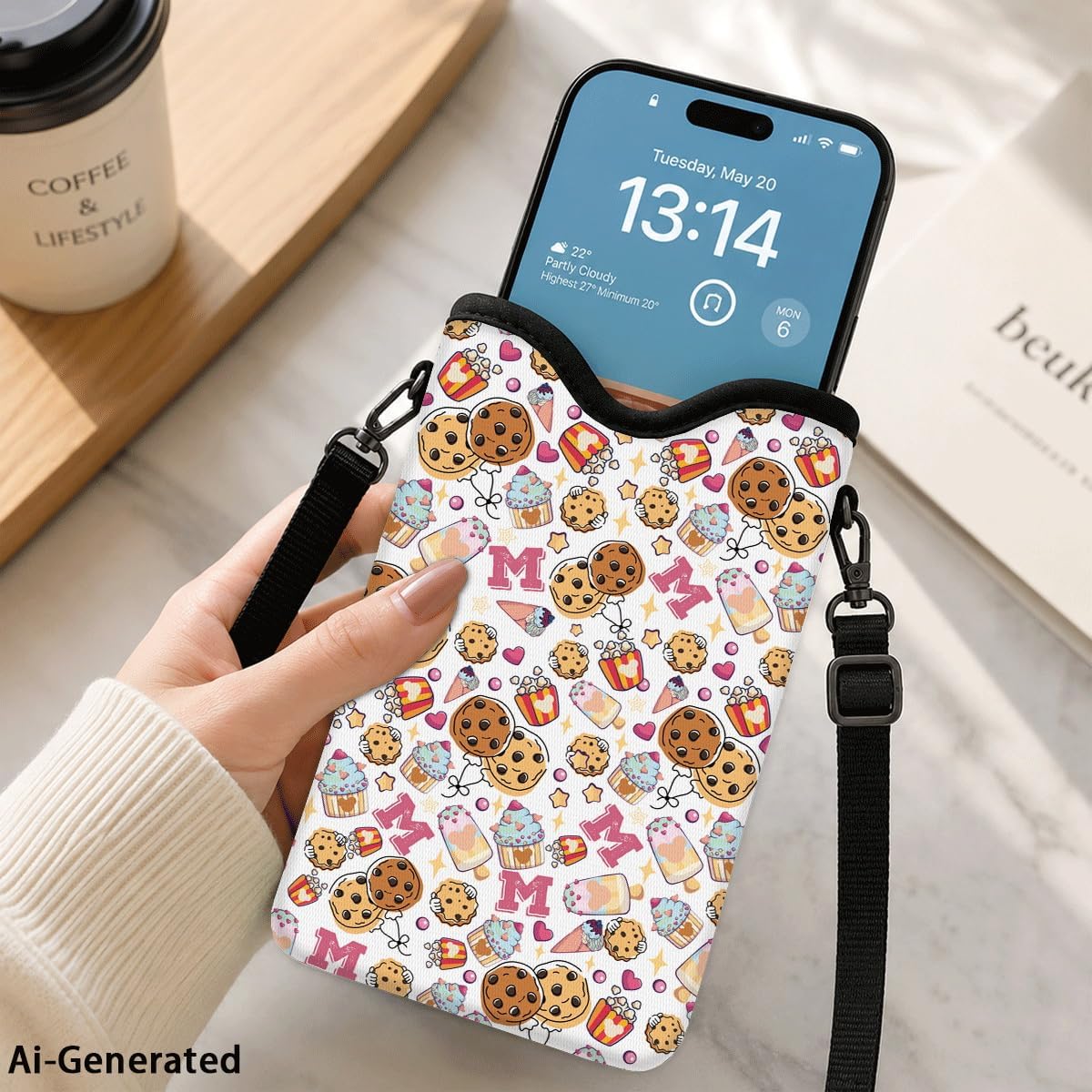 Neoprene Phone Sleeve Pouch Case Bag for Women Men with Crossbody Strap, 7.1x3.9 in, Shockproof Black Cat Mobile Protection Case Bag with Neck Lanyard, Black Cat Garden, Gift for Cats Lovers - Colors A