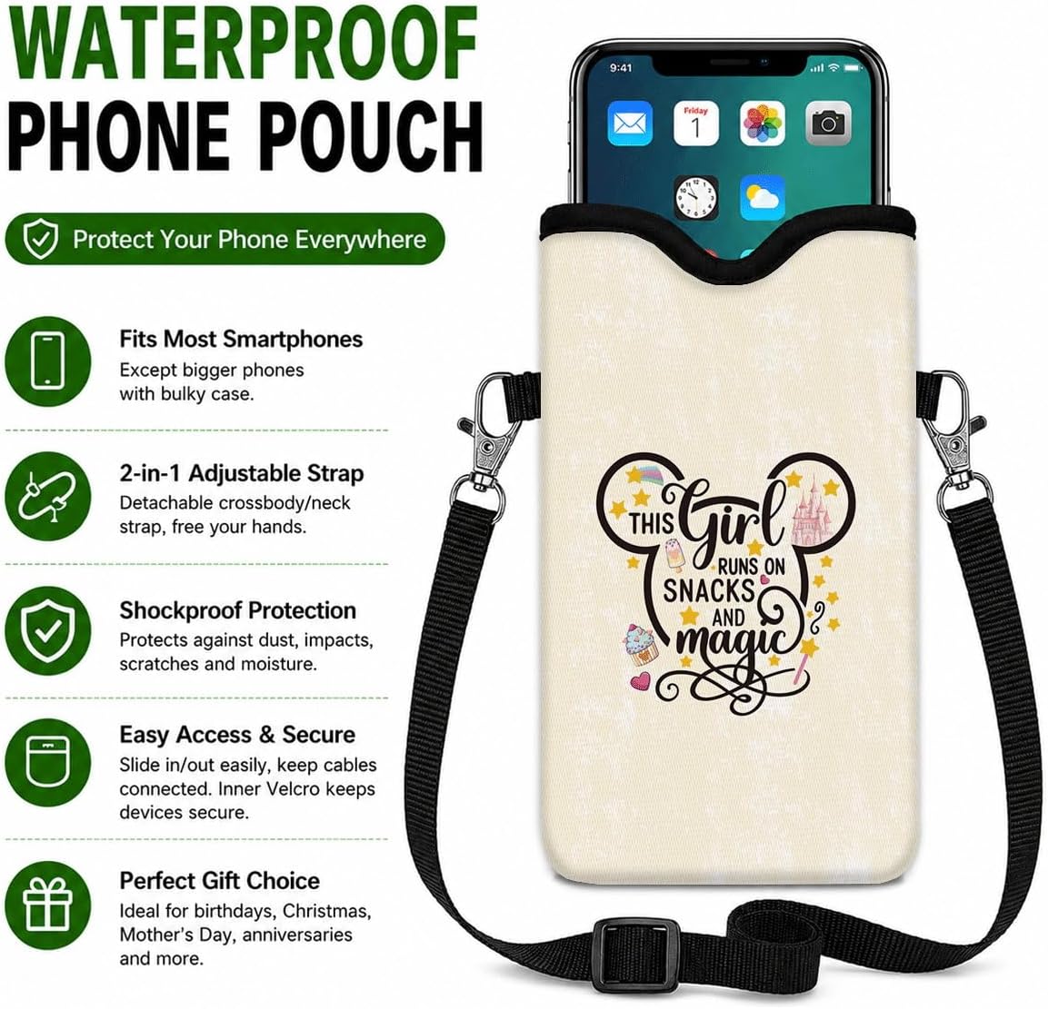 Neoprene Phone Sleeve Pouch Case Bag for Women Men with Crossbody Strap, 7.1x3.9 in, Shockproof Black Cat Mobile Protection Case Bag with Neck Lanyard, Black Cat Garden, Gift for Cats Lovers - Colors A