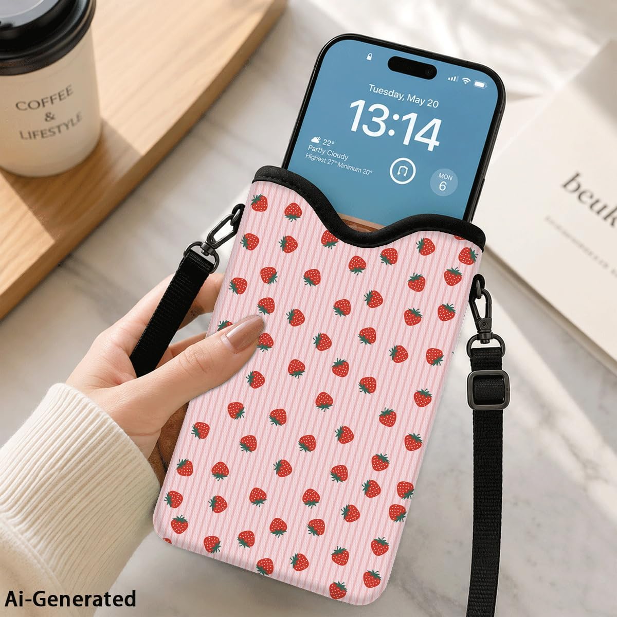 Neoprene Phone Sleeve Pouch Case Bag for Women Men with Crossbody Strap, 7.1x3.9 in, Shockproof Black Cat Mobile Protection Case Bag with Neck Lanyard, Black Cat Garden, Gift for Cats Lovers - Colors A