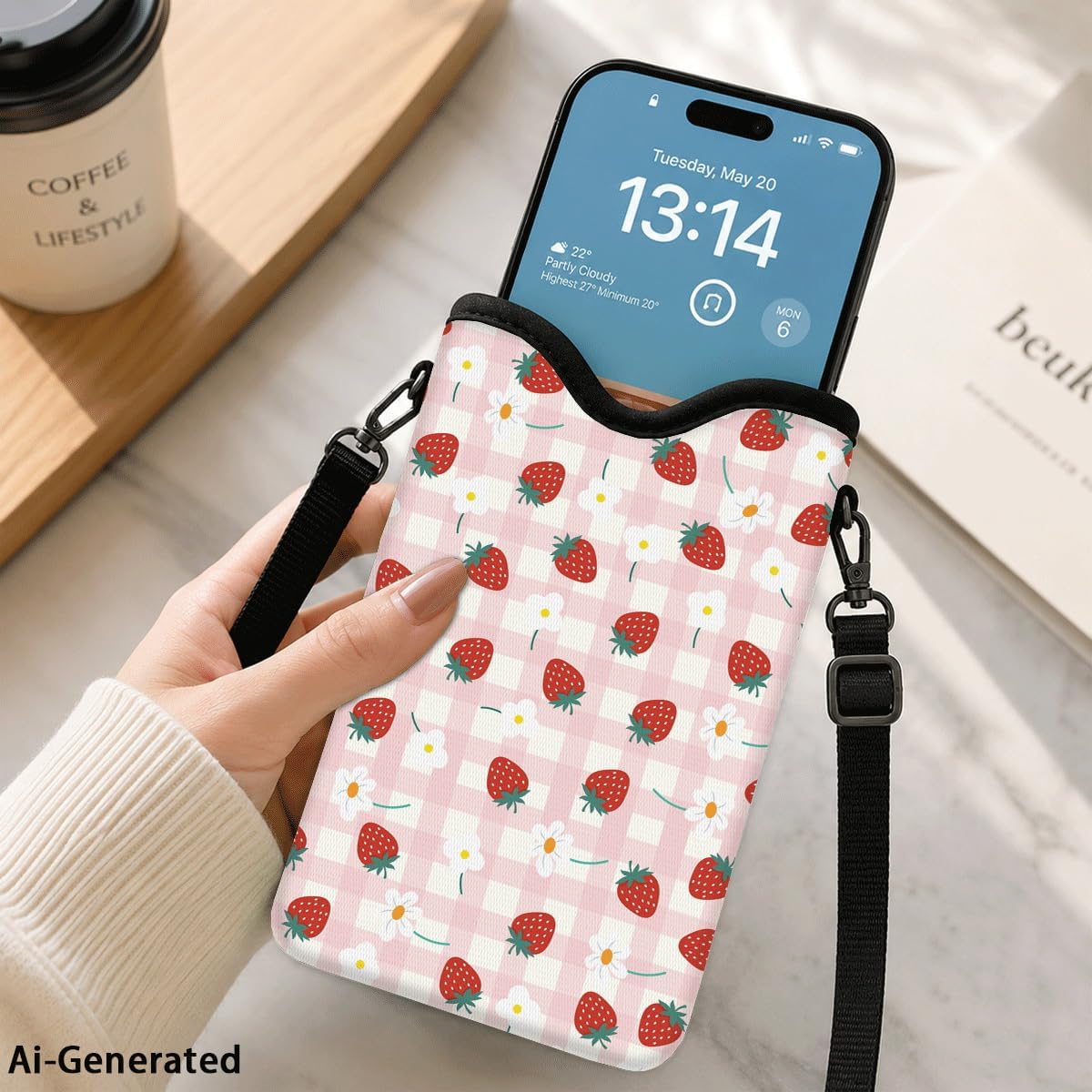 Neoprene Phone Sleeve Pouch Case Bag for Women Men with Crossbody Strap, 7.1x3.9 in, Shockproof Black Cat Mobile Protection Case Bag with Neck Lanyard, Black Cat Garden, Gift for Cats Lovers - Colors A