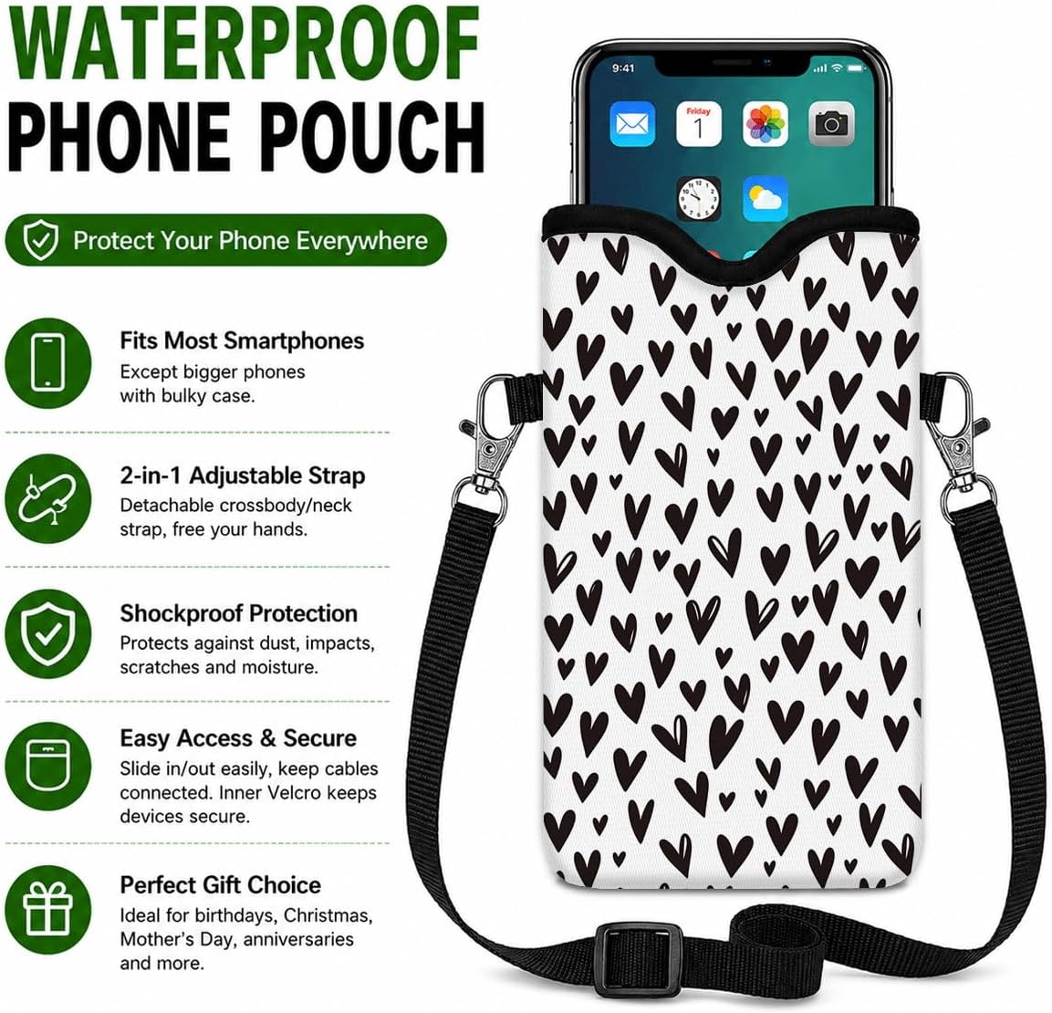 Neoprene Phone Sleeve Pouch Case Bag for Women Men with Crossbody Strap, 7.1x3.9 in, Shockproof Black Cat Mobile Protection Case Bag with Neck Lanyard, Black Cat Garden, Gift for Cats Lovers - Colors A
