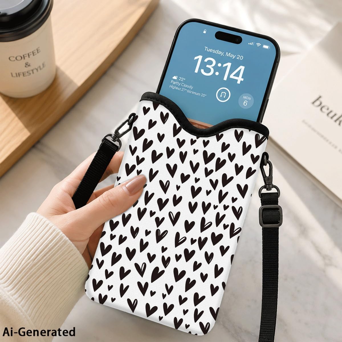 Neoprene Phone Sleeve Pouch Case Bag for Women Men with Crossbody Strap, 7.1x3.9 in, Shockproof Black Cat Mobile Protection Case Bag with Neck Lanyard, Black Cat Garden, Gift for Cats Lovers - Colors A