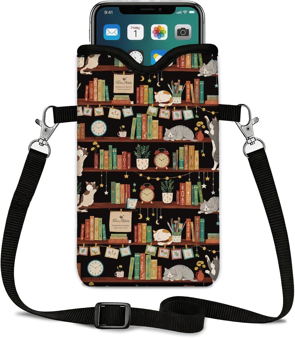 Neoprene Phone Sleeve Pouch Case Bag for Women Men with Crossbody Strap, 7.1x3.9 in, Shockproof Black Cat Mobile Protection Case Bag with Neck Lanyard, Black Cat Garden, Gift for Cats Lovers - Colors A