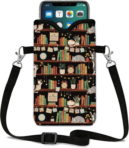 Neoprene Phone Sleeve Pouch Case Bag for Women Men with Crossbody Strap, 7.1x3.9 in, Shockproof Black Cat Mobile Protection Case Bag with Neck Lanyard, Black Cat Garden, Gift for Cats Lovers - Colors A