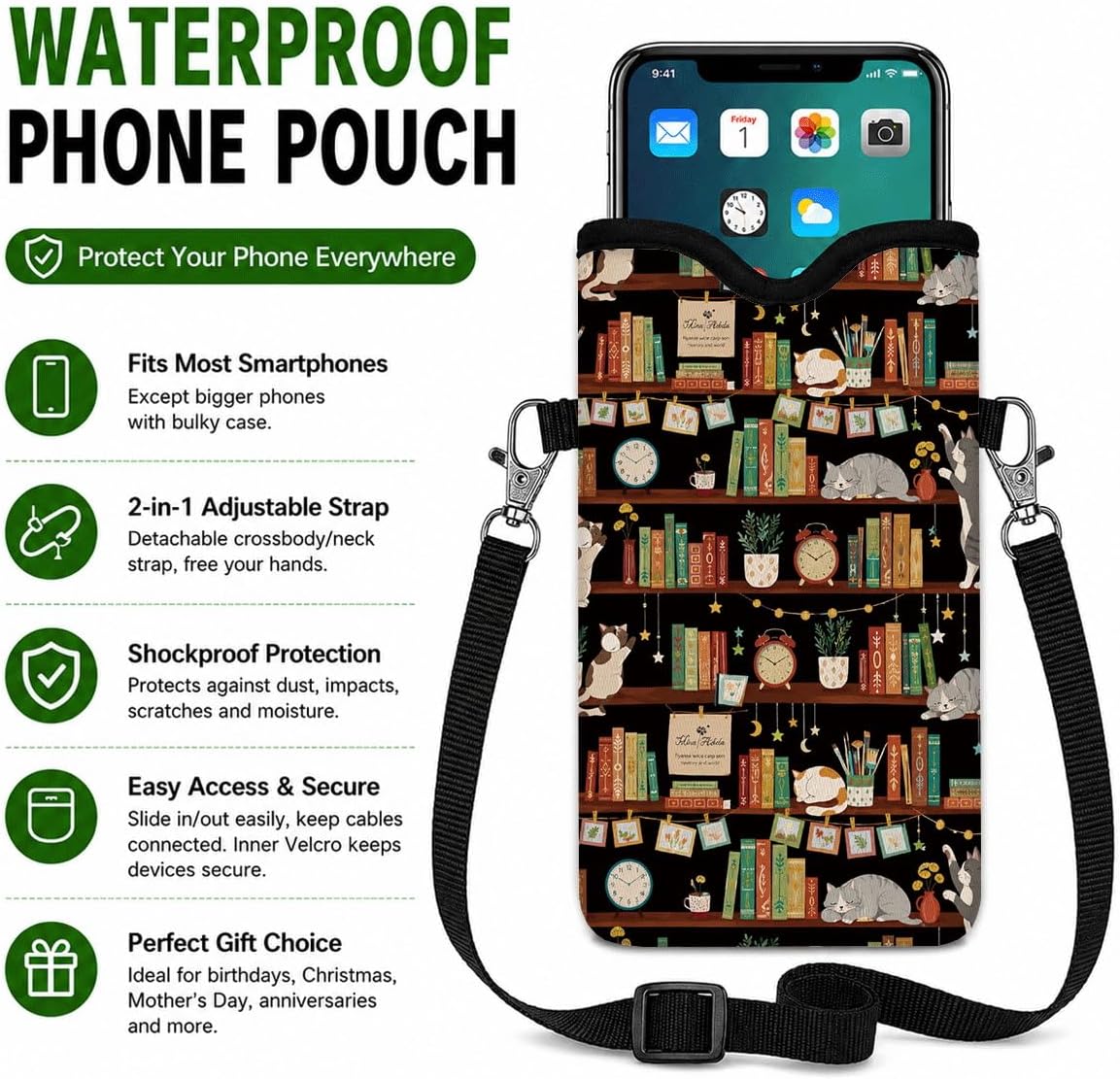 Neoprene Phone Sleeve Pouch Case Bag for Women Men with Crossbody Strap, 7.1x3.9 in, Shockproof Black Cat Mobile Protection Case Bag with Neck Lanyard, Black Cat Garden, Gift for Cats Lovers - Colors A