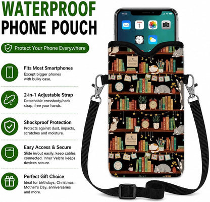 Neoprene Phone Sleeve Pouch Case Bag for Women Men with Crossbody Strap, 7.1x3.9 in, Shockproof Black Cat Mobile Protection Case Bag with Neck Lanyard, Black Cat Garden, Gift for Cats Lovers - Colors A