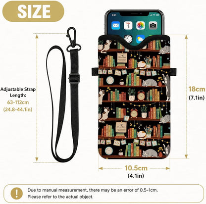 Neoprene Phone Sleeve Pouch Case Bag for Women Men with Crossbody Strap, 7.1x3.9 in, Shockproof Black Cat Mobile Protection Case Bag with Neck Lanyard, Black Cat Garden, Gift for Cats Lovers - Colors A