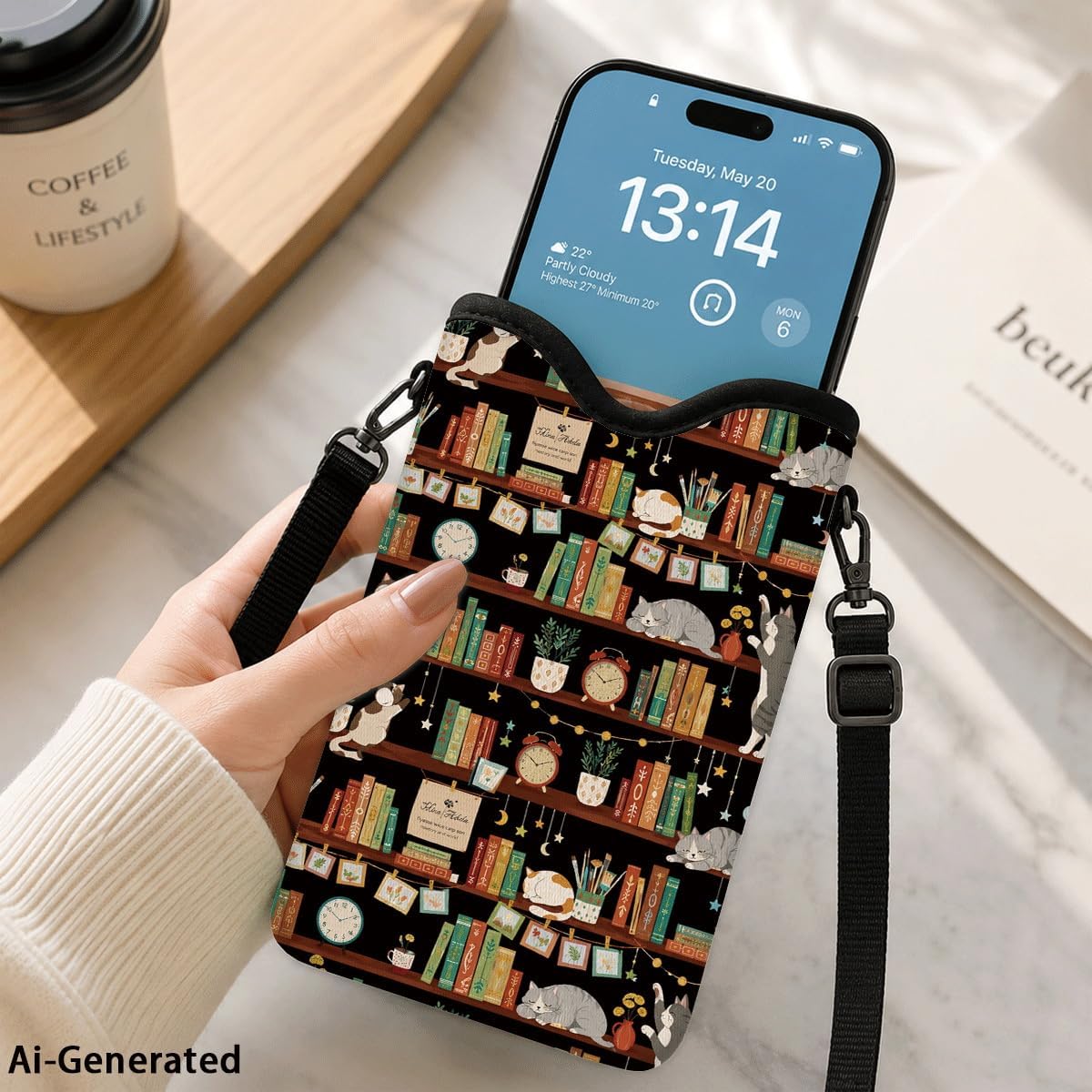 Neoprene Phone Sleeve Pouch Case Bag for Women Men with Crossbody Strap, 7.1x3.9 in, Shockproof Black Cat Mobile Protection Case Bag with Neck Lanyard, Black Cat Garden, Gift for Cats Lovers - Colors A