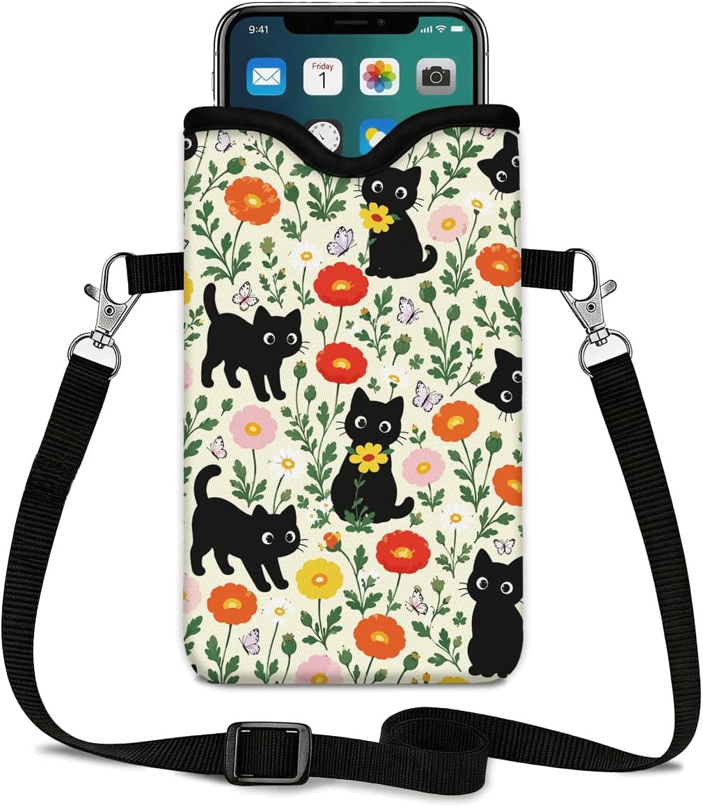 Neoprene Phone Sleeve Pouch Case Bag for Women Men with Crossbody Strap, 7.1x3.9 in, Shockproof Black Cat Mobile Protection Case Bag with Neck Lanyard, Black Cat Garden, Gift for Cats Lovers - Colors A