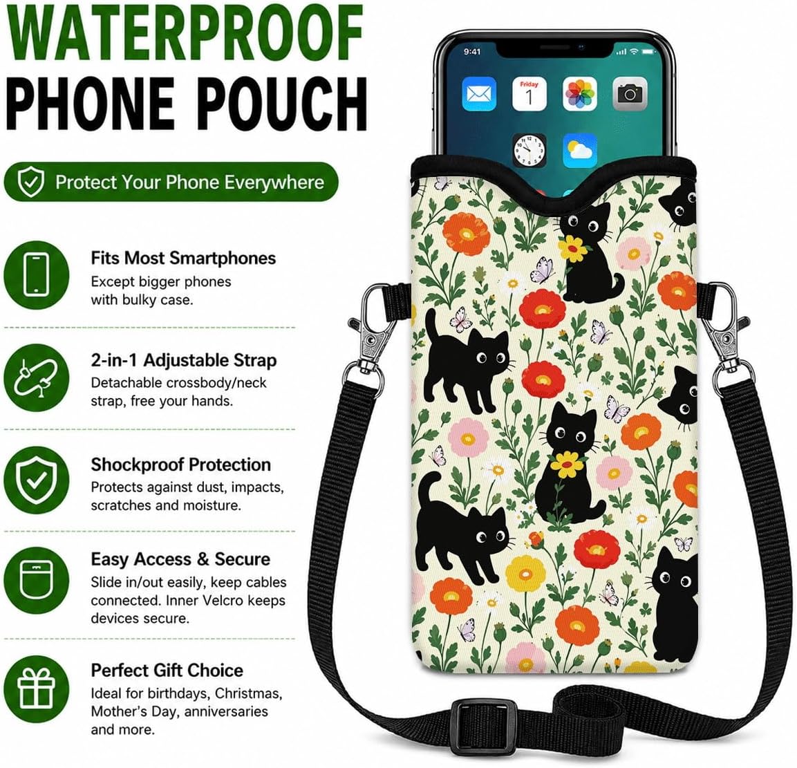 Neoprene Phone Sleeve Pouch Case Bag for Women Men with Crossbody Strap, 7.1x3.9 in, Shockproof Black Cat Mobile Protection Case Bag with Neck Lanyard, Black Cat Garden, Gift for Cats Lovers - Colors A