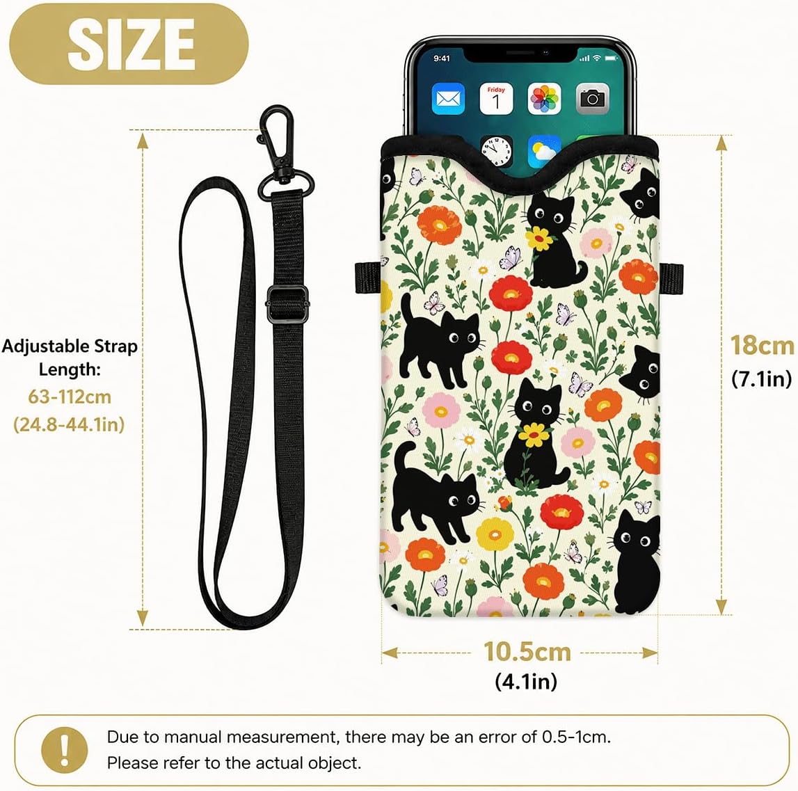 Neoprene Phone Sleeve Pouch Case Bag for Women Men with Crossbody Strap, 7.1x3.9 in, Shockproof Black Cat Mobile Protection Case Bag with Neck Lanyard, Black Cat Garden, Gift for Cats Lovers - Colors A