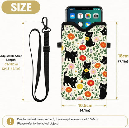 Neoprene Phone Sleeve Pouch Case Bag for Women Men with Crossbody Strap, 7.1x3.9 in, Shockproof Black Cat Mobile Protection Case Bag with Neck Lanyard, Black Cat Garden, Gift for Cats Lovers - Colors A