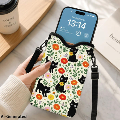 Neoprene Phone Sleeve Pouch Case Bag for Women Men with Crossbody Strap, 7.1x3.9 in, Shockproof Black Cat Mobile Protection Case Bag with Neck Lanyard, Black Cat Garden, Gift for Cats Lovers - Colors A