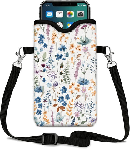 Neoprene Phone Sleeve Pouch Case Bag for Women Men with Crossbody Strap, 7.1x3.9 in, Shockproof Black Cat Mobile Protection Case Bag with Neck Lanyard, Black Cat Garden, Gift for Cats Lovers - Colors A