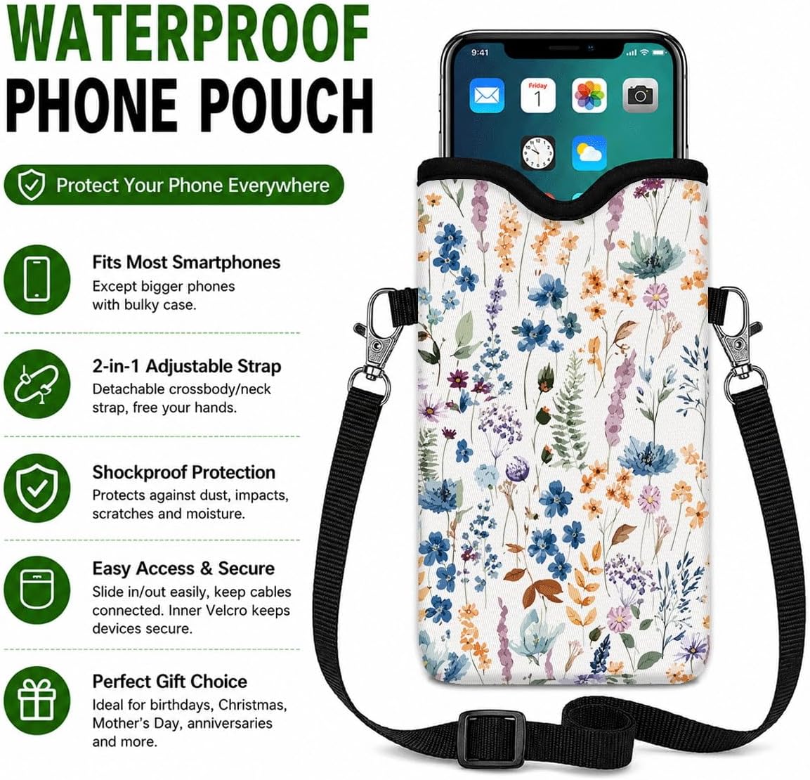 Neoprene Phone Sleeve Pouch Case Bag for Women Men with Crossbody Strap, 7.1x3.9 in, Shockproof Black Cat Mobile Protection Case Bag with Neck Lanyard, Black Cat Garden, Gift for Cats Lovers - Colors A