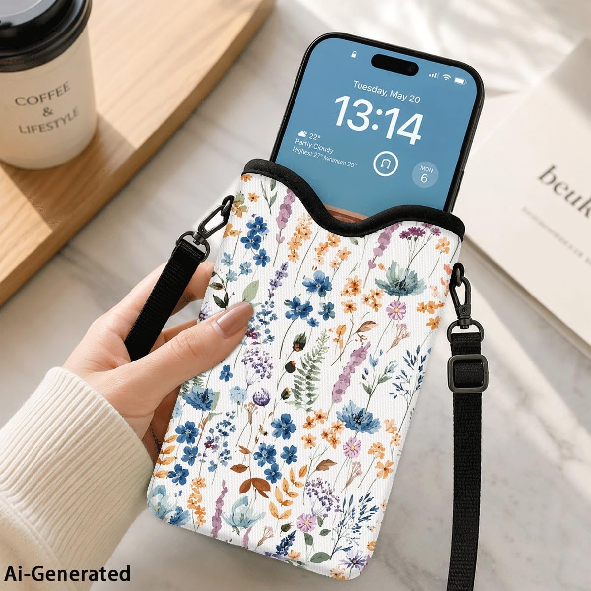 Neoprene Phone Sleeve Pouch Case Bag for Women Men with Crossbody Strap, 7.1x3.9 in, Shockproof Black Cat Mobile Protection Case Bag with Neck Lanyard, Black Cat Garden, Gift for Cats Lovers - Colors A