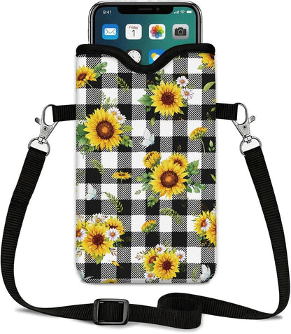 Neoprene Phone Sleeve Pouch Case Bag for Women Men with Crossbody Strap, 7.1x3.9 in, Shockproof Black Cat Mobile Protection Case Bag with Neck Lanyard, Black Cat Garden, Gift for Cats Lovers - Colors A