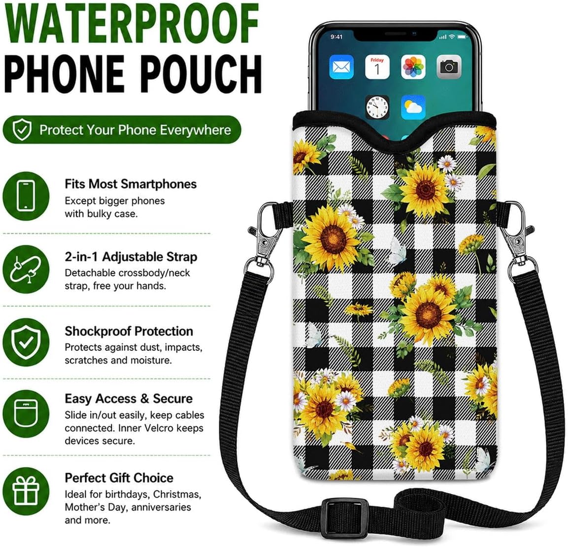 Neoprene Phone Sleeve Pouch Case Bag for Women Men with Crossbody Strap, 7.1x3.9 in, Shockproof Black Cat Mobile Protection Case Bag with Neck Lanyard, Black Cat Garden, Gift for Cats Lovers - Colors A