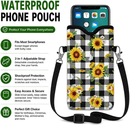 Neoprene Phone Sleeve Pouch Case Bag for Women Men with Crossbody Strap, 7.1x3.9 in, Shockproof Black Cat Mobile Protection Case Bag with Neck Lanyard, Black Cat Garden, Gift for Cats Lovers - Colors A