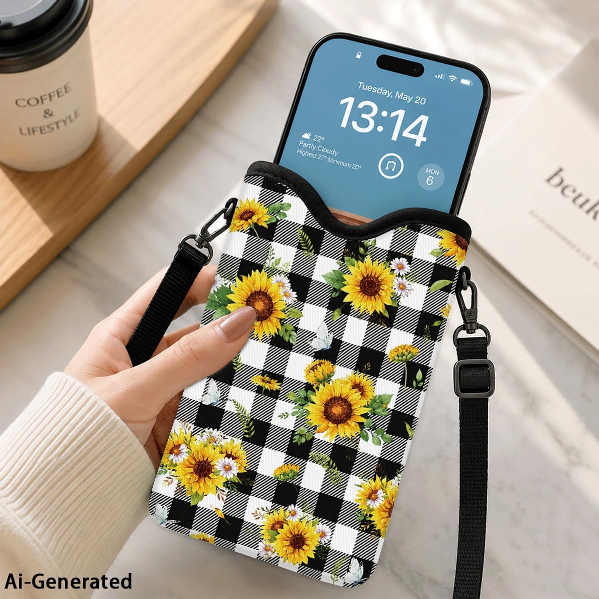Neoprene Phone Sleeve Pouch Case Bag for Women Men with Crossbody Strap, 7.1x3.9 in, Shockproof Black Cat Mobile Protection Case Bag with Neck Lanyard, Black Cat Garden, Gift for Cats Lovers - Colors A