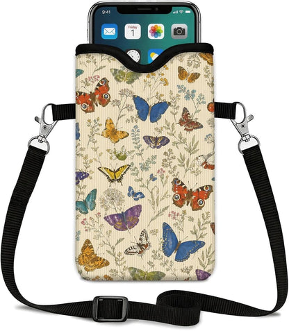 Neoprene Phone Sleeve Pouch Case Bag for Women Men with Crossbody Strap, 7.1x3.9 in, Shockproof Black Cat Mobile Protection Case Bag with Neck Lanyard, Black Cat Garden, Gift for Cats Lovers - Colors A