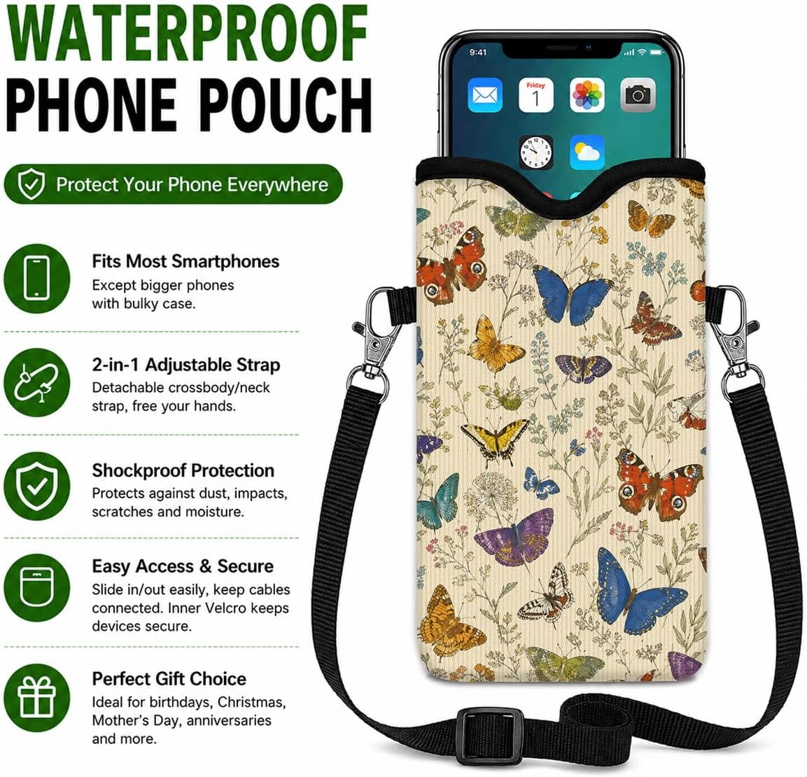 Neoprene Phone Sleeve Pouch Case Bag for Women Men with Crossbody Strap, 7.1x3.9 in, Shockproof Black Cat Mobile Protection Case Bag with Neck Lanyard, Black Cat Garden, Gift for Cats Lovers - Colors A