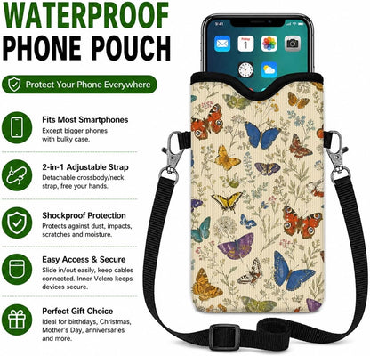Neoprene Phone Sleeve Pouch Case Bag for Women Men with Crossbody Strap, 7.1x3.9 in, Shockproof Black Cat Mobile Protection Case Bag with Neck Lanyard, Black Cat Garden, Gift for Cats Lovers - Colors A