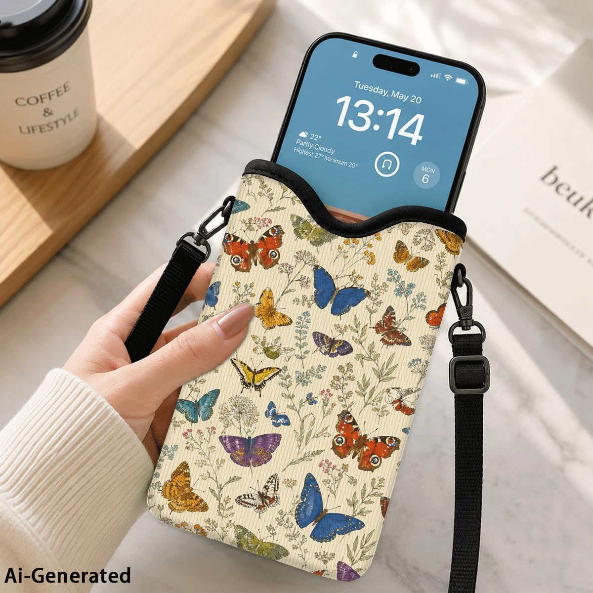Neoprene Phone Sleeve Pouch Case Bag for Women Men with Crossbody Strap, 7.1x3.9 in, Shockproof Black Cat Mobile Protection Case Bag with Neck Lanyard, Black Cat Garden, Gift for Cats Lovers - Colors A
