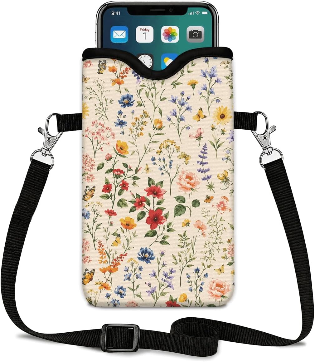 Neoprene Phone Sleeve Pouch Case Bag for Women Men with Crossbody Strap, 7.1x3.9 in, Shockproof Black Cat Mobile Protection Case Bag with Neck Lanyard, Black Cat Garden, Gift for Cats Lovers - Colors A