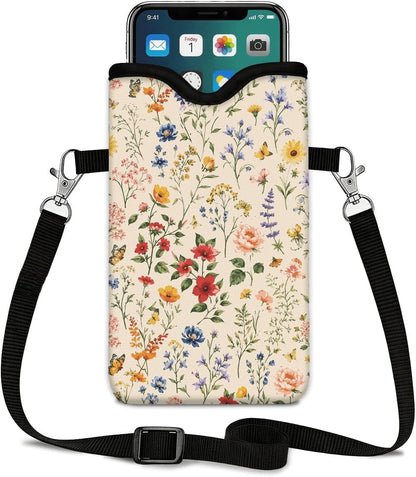 Neoprene Phone Sleeve Pouch Case Bag for Women Men with Crossbody Strap, 7.1x3.9 in, Shockproof Black Cat Mobile Protection Case Bag with Neck Lanyard, Black Cat Garden, Gift for Cats Lovers - Colors A