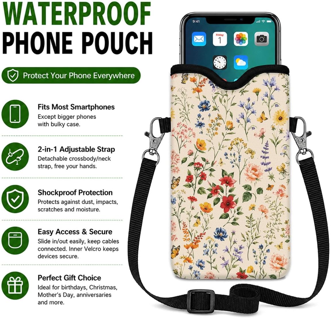 Neoprene Phone Sleeve Pouch Case Bag for Women Men with Crossbody Strap, 7.1x3.9 in, Shockproof Black Cat Mobile Protection Case Bag with Neck Lanyard, Black Cat Garden, Gift for Cats Lovers - Colors A