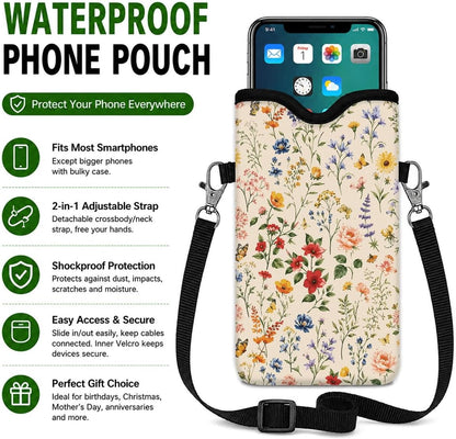 Neoprene Phone Sleeve Pouch Case Bag for Women Men with Crossbody Strap, 7.1x3.9 in, Shockproof Black Cat Mobile Protection Case Bag with Neck Lanyard, Black Cat Garden, Gift for Cats Lovers - Colors A
