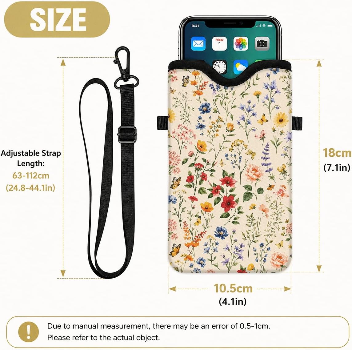 Neoprene Phone Sleeve Pouch Case Bag for Women Men with Crossbody Strap, 7.1x3.9 in, Shockproof Black Cat Mobile Protection Case Bag with Neck Lanyard, Black Cat Garden, Gift for Cats Lovers - Colors A