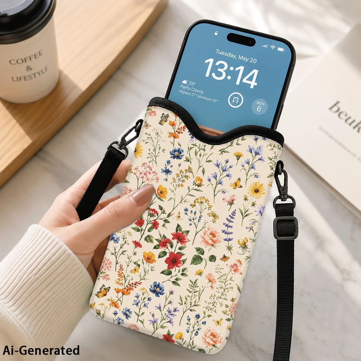Neoprene Phone Sleeve Pouch Case Bag for Women Men with Crossbody Strap, 7.1x3.9 in, Shockproof Black Cat Mobile Protection Case Bag with Neck Lanyard, Black Cat Garden, Gift for Cats Lovers - Colors A