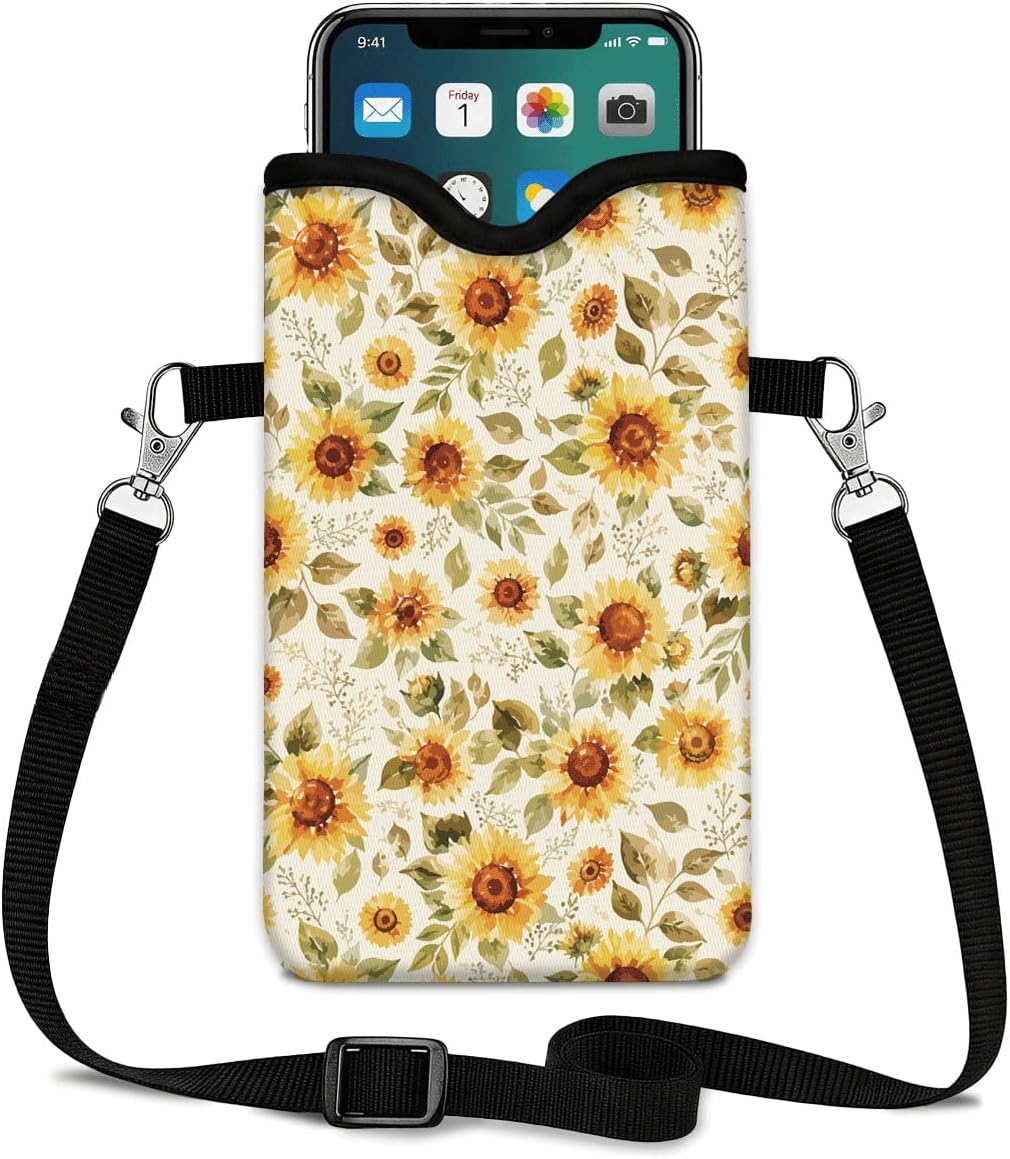 Neoprene Phone Sleeve Pouch Case Bag for Women Men with Crossbody Strap, 7.1x3.9 in, Shockproof Black Cat Mobile Protection Case Bag with Neck Lanyard, Black Cat Garden, Gift for Cats Lovers - Colors A