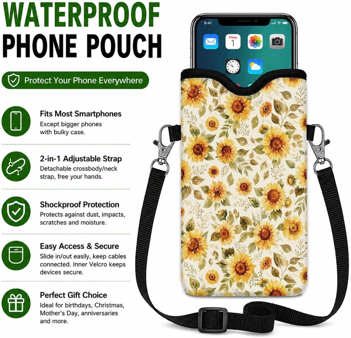 Neoprene Phone Sleeve Pouch Case Bag for Women Men with Crossbody Strap, 7.1x3.9 in, Shockproof Black Cat Mobile Protection Case Bag with Neck Lanyard, Black Cat Garden, Gift for Cats Lovers - Colors A