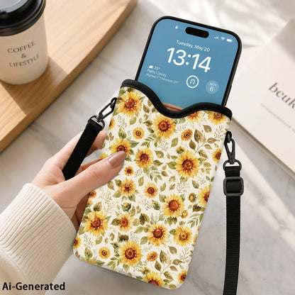 Neoprene Phone Sleeve Pouch Case Bag for Women Men with Crossbody Strap, 7.1x3.9 in, Shockproof Black Cat Mobile Protection Case Bag with Neck Lanyard, Black Cat Garden, Gift for Cats Lovers - Colors A