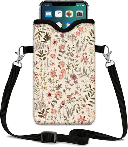 Neoprene Phone Sleeve Pouch Case Bag for Women Men with Crossbody Strap, 7.1x3.9 in, Shockproof Black Cat Mobile Protection Case Bag with Neck Lanyard, Black Cat Garden, Gift for Cats Lovers - Colors A
