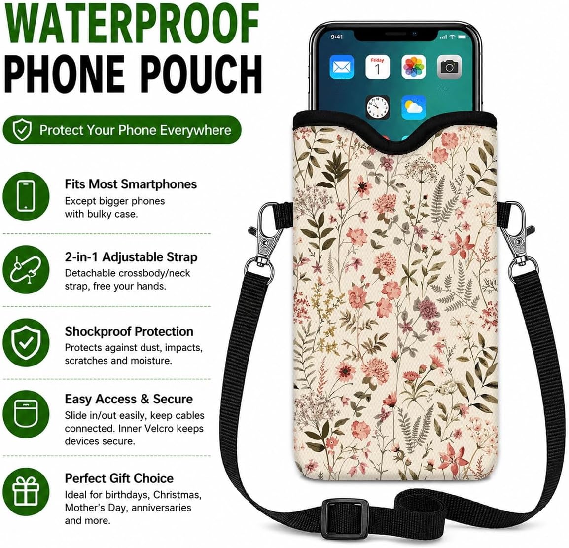 Neoprene Phone Sleeve Pouch Case Bag for Women Men with Crossbody Strap, 7.1x3.9 in, Shockproof Black Cat Mobile Protection Case Bag with Neck Lanyard, Black Cat Garden, Gift for Cats Lovers - Colors A
