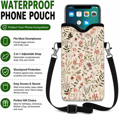 Neoprene Phone Sleeve Pouch Case Bag for Women Men with Crossbody Strap, 7.1x3.9 in, Shockproof Black Cat Mobile Protection Case Bag with Neck Lanyard, Black Cat Garden, Gift for Cats Lovers - Colors A