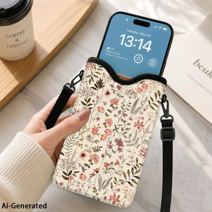 Neoprene Phone Sleeve Pouch Case Bag for Women Men with Crossbody Strap, 7.1x3.9 in, Shockproof Black Cat Mobile Protection Case Bag with Neck Lanyard, Black Cat Garden, Gift for Cats Lovers - Colors A