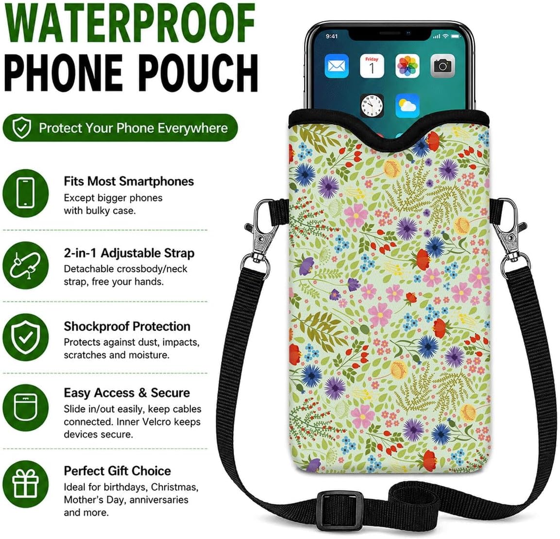 Neoprene Phone Sleeve Pouch Case Bag for Women Men with Crossbody Strap, 7.1x3.9 in, Shockproof Black Cat Mobile Protection Case Bag with Neck Lanyard, Black Cat Garden, Gift for Cats Lovers - Colors A