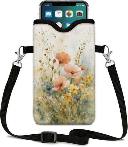 Neoprene Phone Sleeve Pouch Case Bag for Women Men with Crossbody Strap, 7.1x3.9 in, Shockproof Black Cat Mobile Protection Case Bag with Neck Lanyard, Black Cat Garden, Gift for Cats Lovers - Colors A