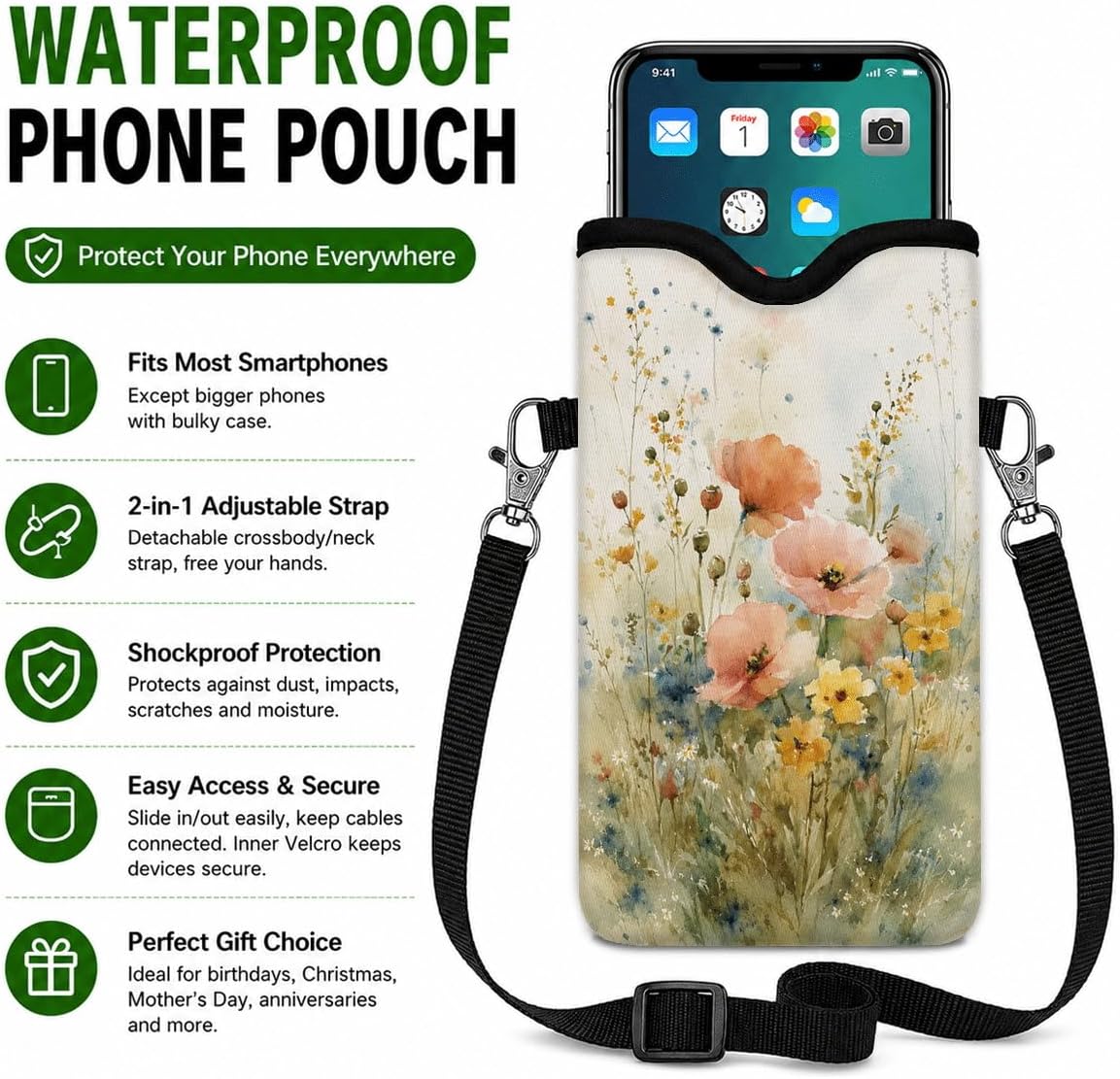 Neoprene Phone Sleeve Pouch Case Bag for Women Men with Crossbody Strap, 7.1x3.9 in, Shockproof Black Cat Mobile Protection Case Bag with Neck Lanyard, Black Cat Garden, Gift for Cats Lovers - Colors A