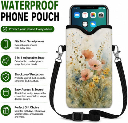 Neoprene Phone Sleeve Pouch Case Bag for Women Men with Crossbody Strap, 7.1x3.9 in, Shockproof Black Cat Mobile Protection Case Bag with Neck Lanyard, Black Cat Garden, Gift for Cats Lovers - Colors A