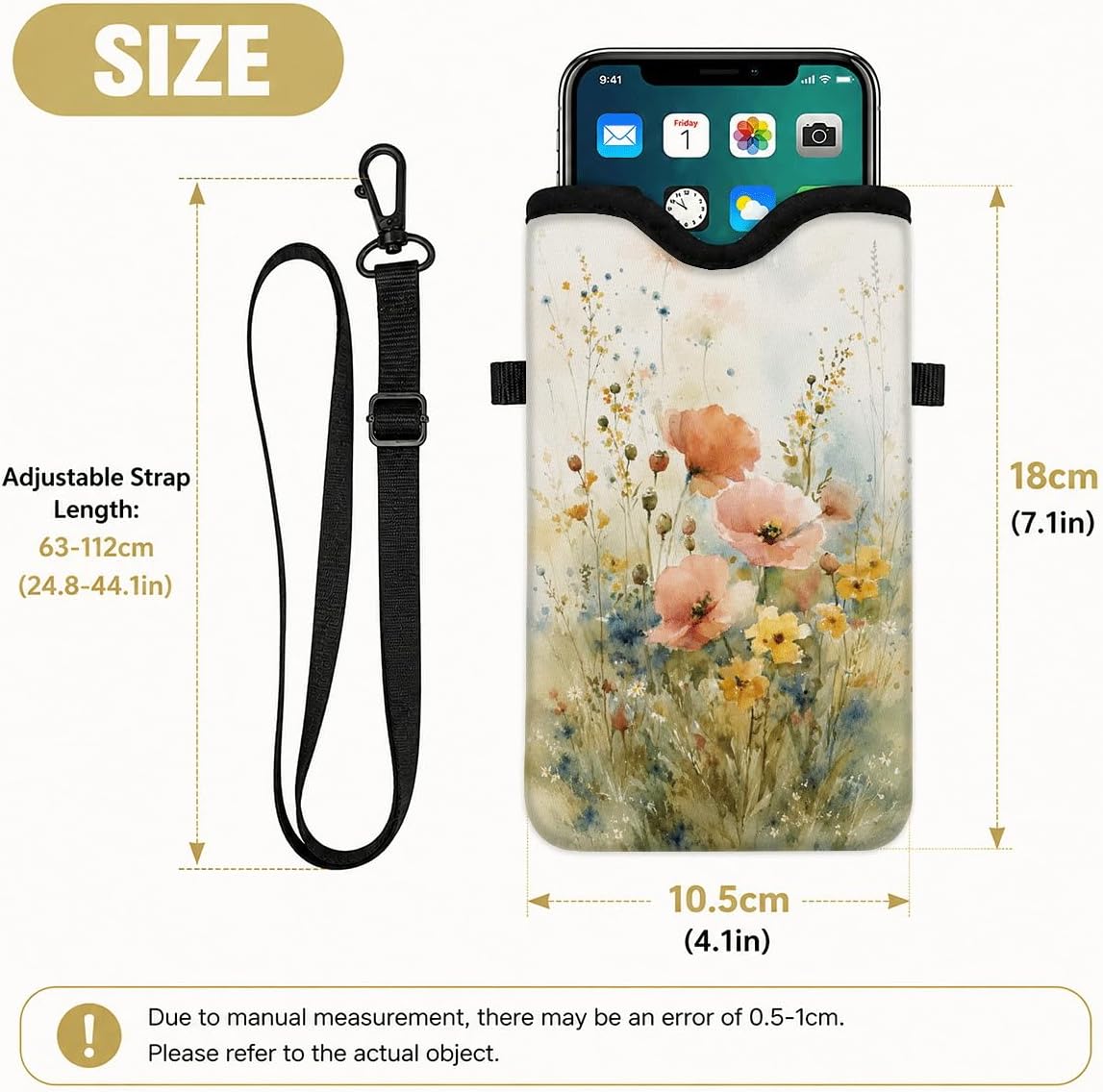 Neoprene Phone Sleeve Pouch Case Bag for Women Men with Crossbody Strap, 7.1x3.9 in, Shockproof Black Cat Mobile Protection Case Bag with Neck Lanyard, Black Cat Garden, Gift for Cats Lovers - Colors A